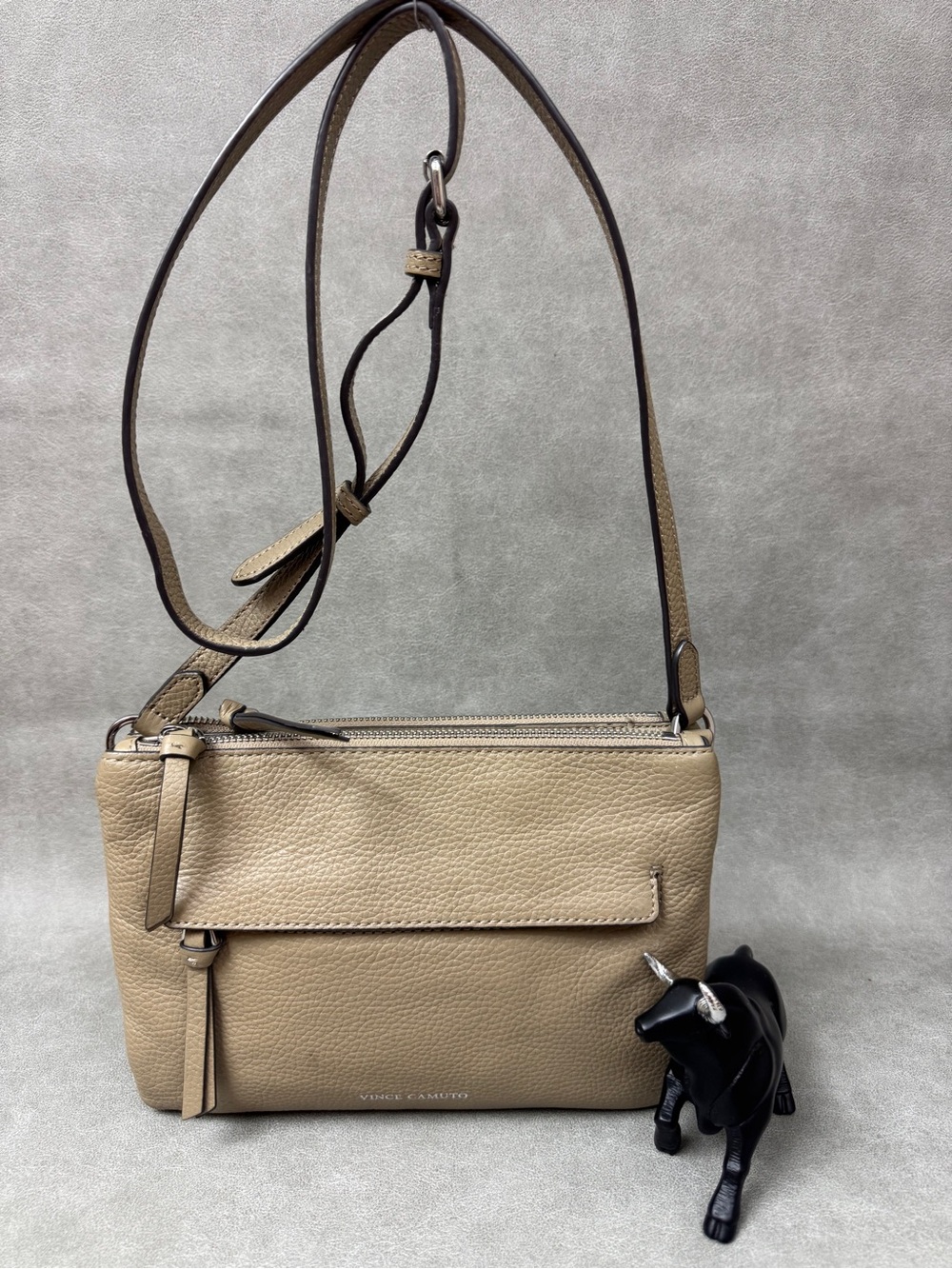 Vince Camuto Beige Taupe Pebbled Leather Crossbody Bag